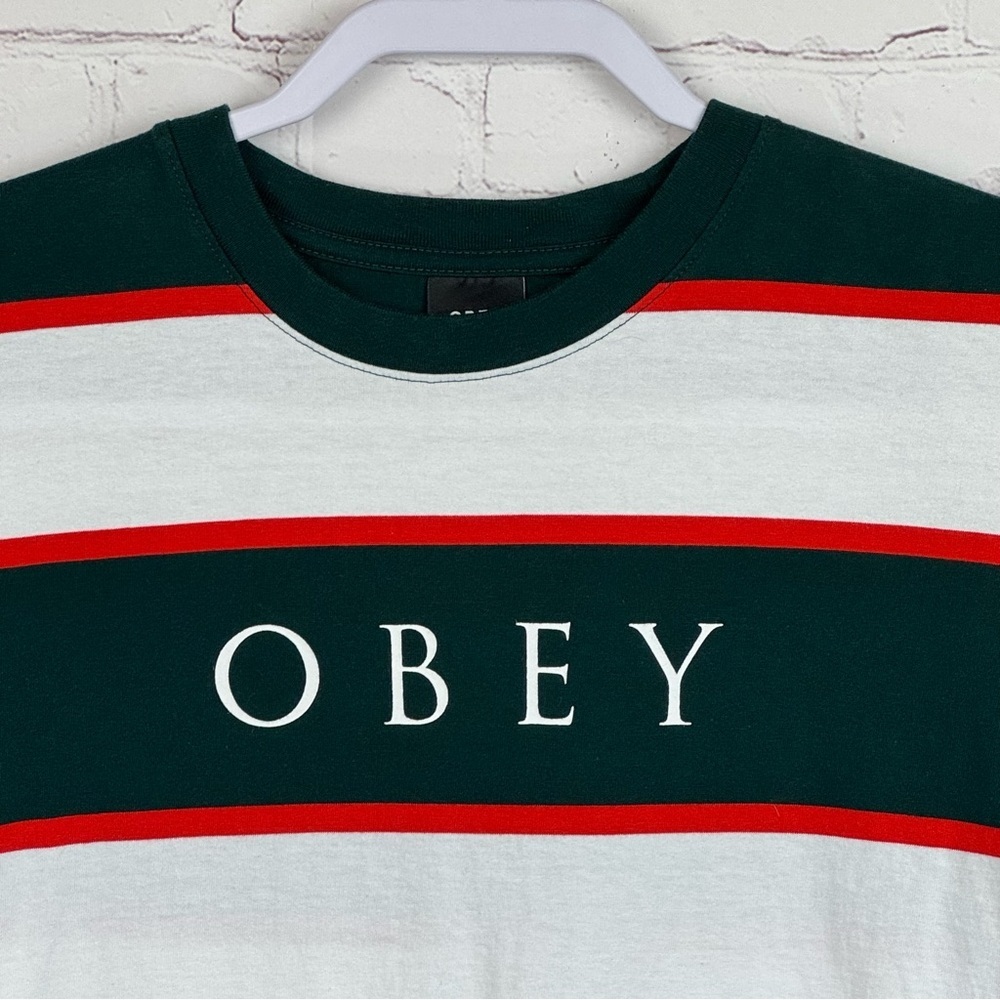 Obey Green and Red Striped Tee Size Medium